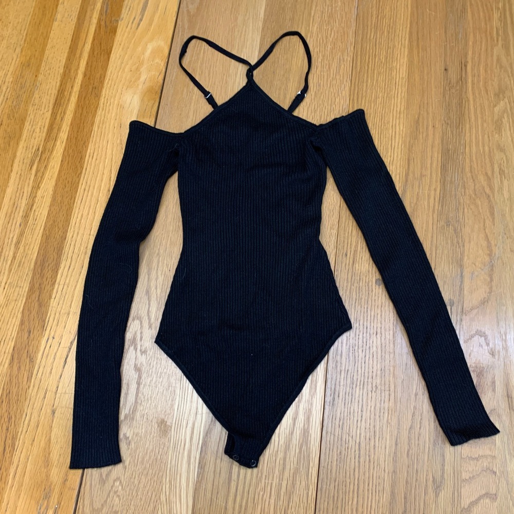 Abercrombie & Fitch Black Ribbed Cold Shoulder Halter Bodysuit‎ XS Long Sleeve